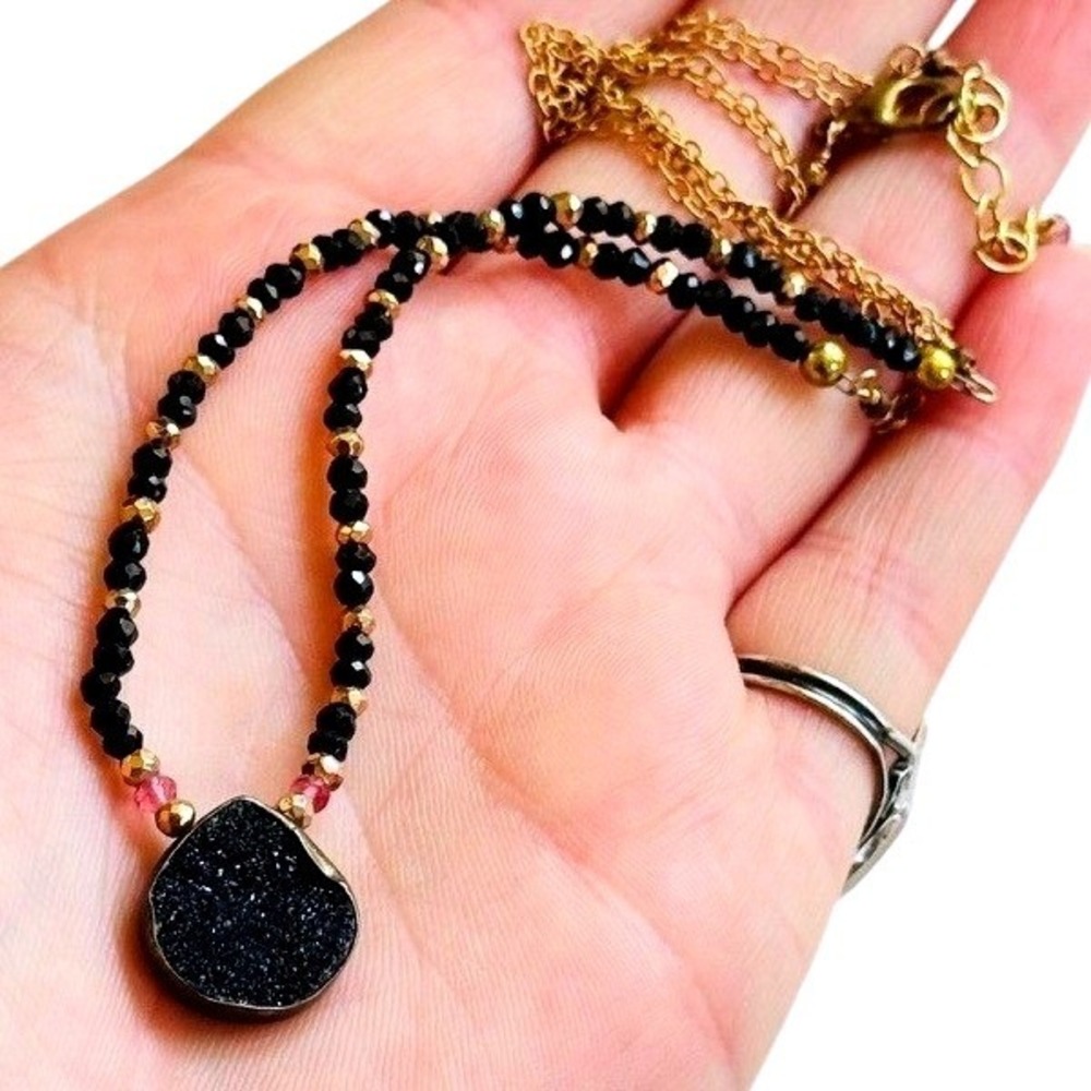 Onyx Druzy Ruby chain gold Necklace 18k GP Dainty beaded collar rare 19"